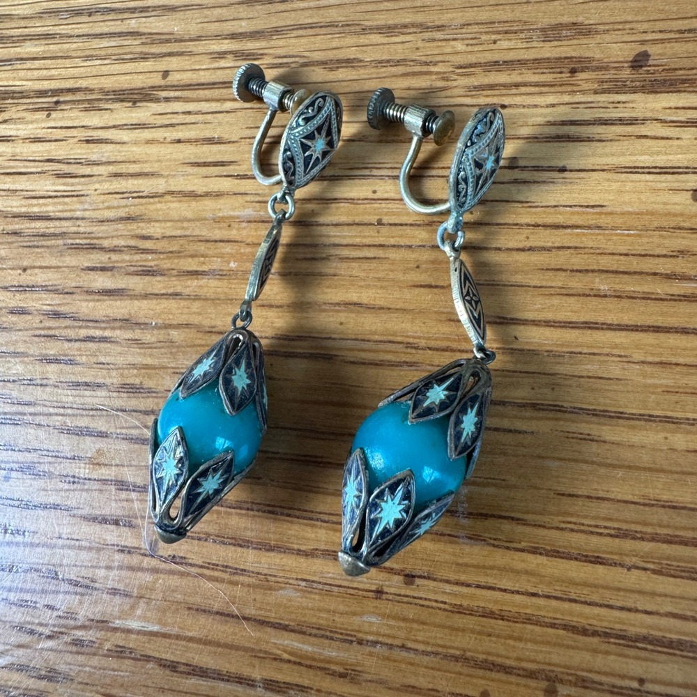Vintage Turquoise Sterling Starburst Screw Back Earrings Art‎ Deco Style